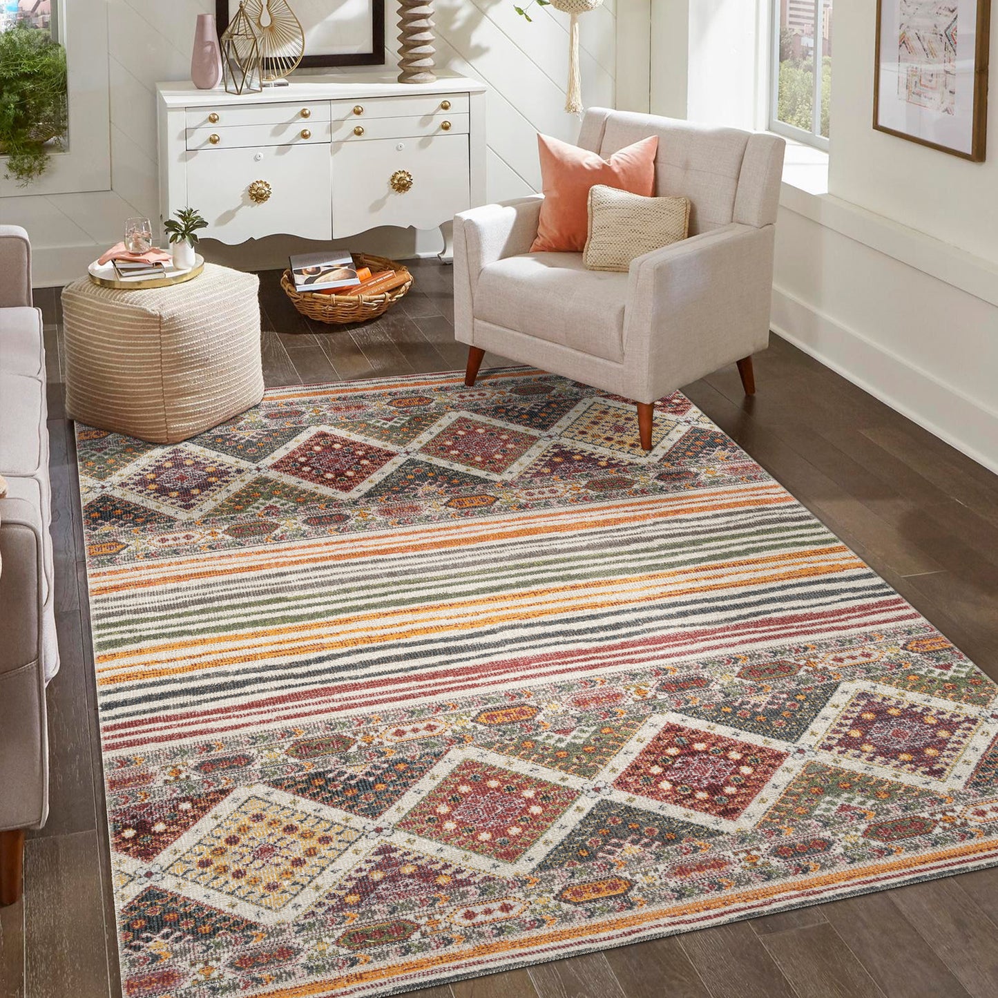 Aress Washable Traditional Living Room Area Rug -Low Pile Aztec Design