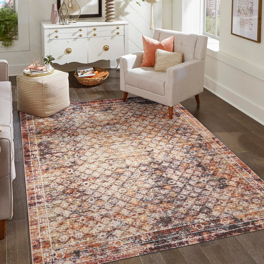 Aress Washable Modern Living Room Area Rug - Low Pile Lattice Design