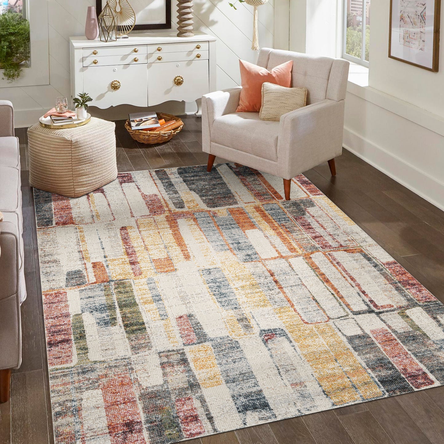 Aress Washable Modern Living Room Area Rug - Low Pile Geometric Design