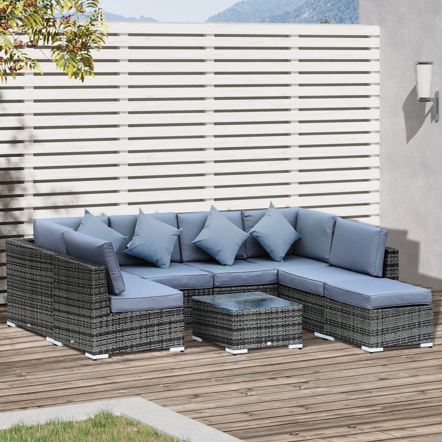 Warehouse Clearance: 8 Pieces PE Rattan Corner Sofa Set Garden Furniture Set Patio Wicker Sofa Seater w/ Cushion Washable Cushion Cover Tempered Glass Table Mixed Grey
