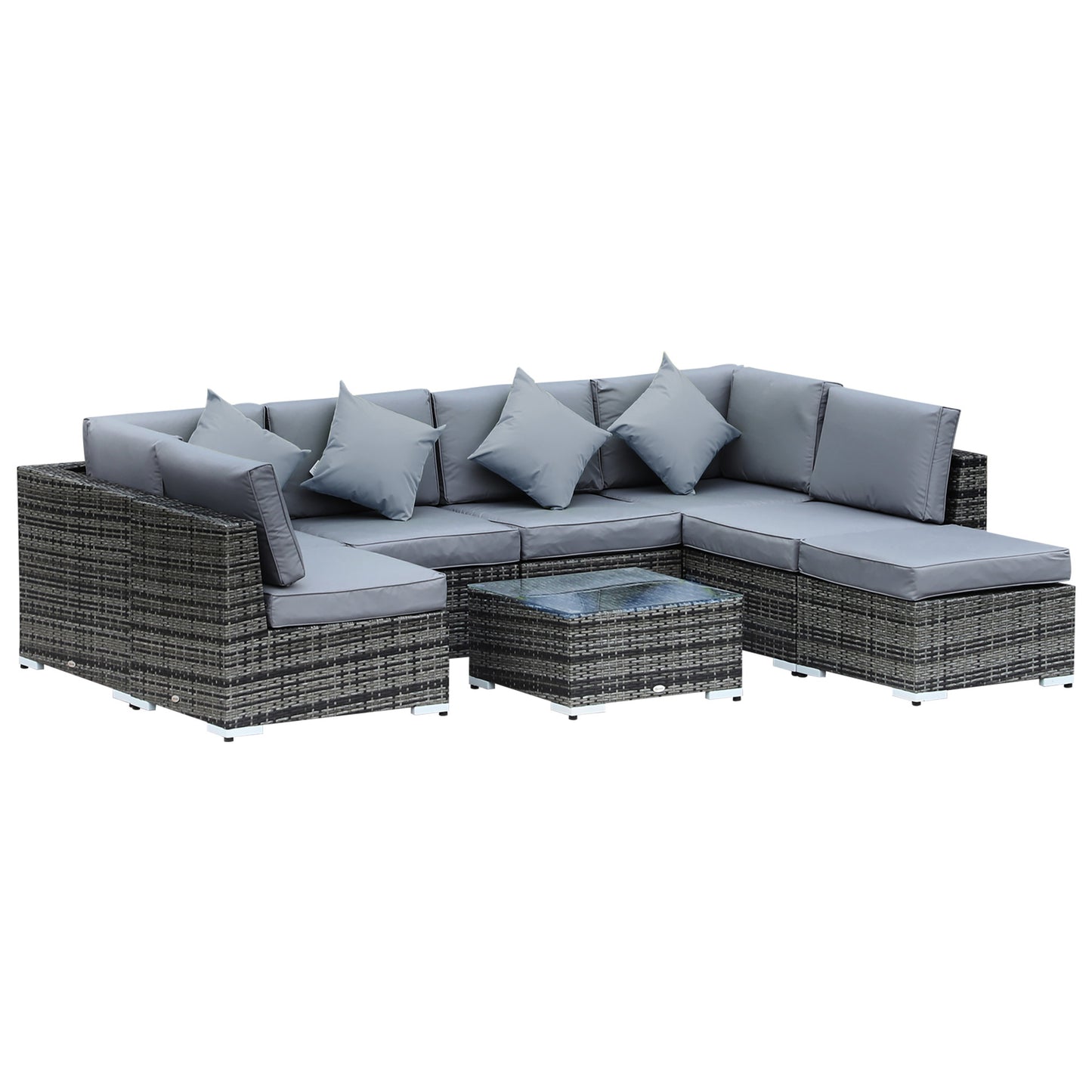 Warehouse Clearance: 8 Pieces PE Rattan Corner Sofa Set Garden Furniture Set Patio Wicker Sofa Seater w/ Cushion Washable Cushion Cover Tempered Glass Table Mixed Grey