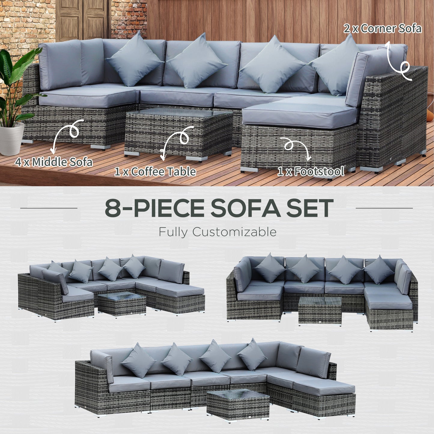 Warehouse Clearance: 8 Pieces PE Rattan Corner Sofa Set Garden Furniture Set Patio Wicker Sofa Seater w/ Cushion Washable Cushion Cover Tempered Glass Table Mixed Grey