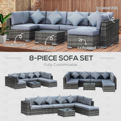 Warehouse Clearance: 8 Pieces PE Rattan Corner Sofa Set Garden Furniture Set Patio Wicker Sofa Seater w/ Cushion Washable Cushion Cover Tempered Glass Table Mixed Grey
