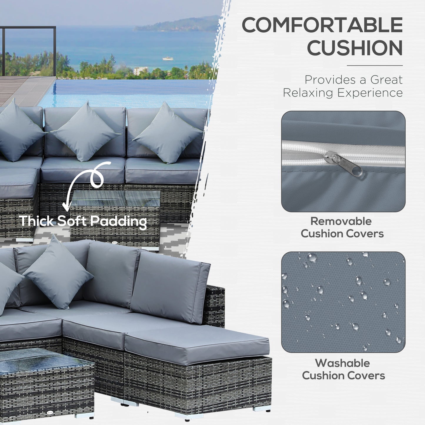 Warehouse Clearance: 8 Pieces PE Rattan Corner Sofa Set Garden Furniture Set Patio Wicker Sofa Seater w/ Cushion Washable Cushion Cover Tempered Glass Table Mixed Grey