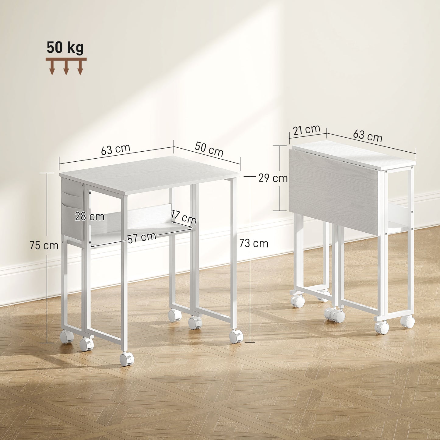 63 cm Foldable Computer Desk on Wheels for Small Spaces White
