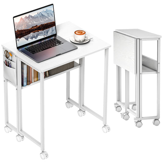 63 cm Foldable Computer Desk on Wheels for Small Spaces White