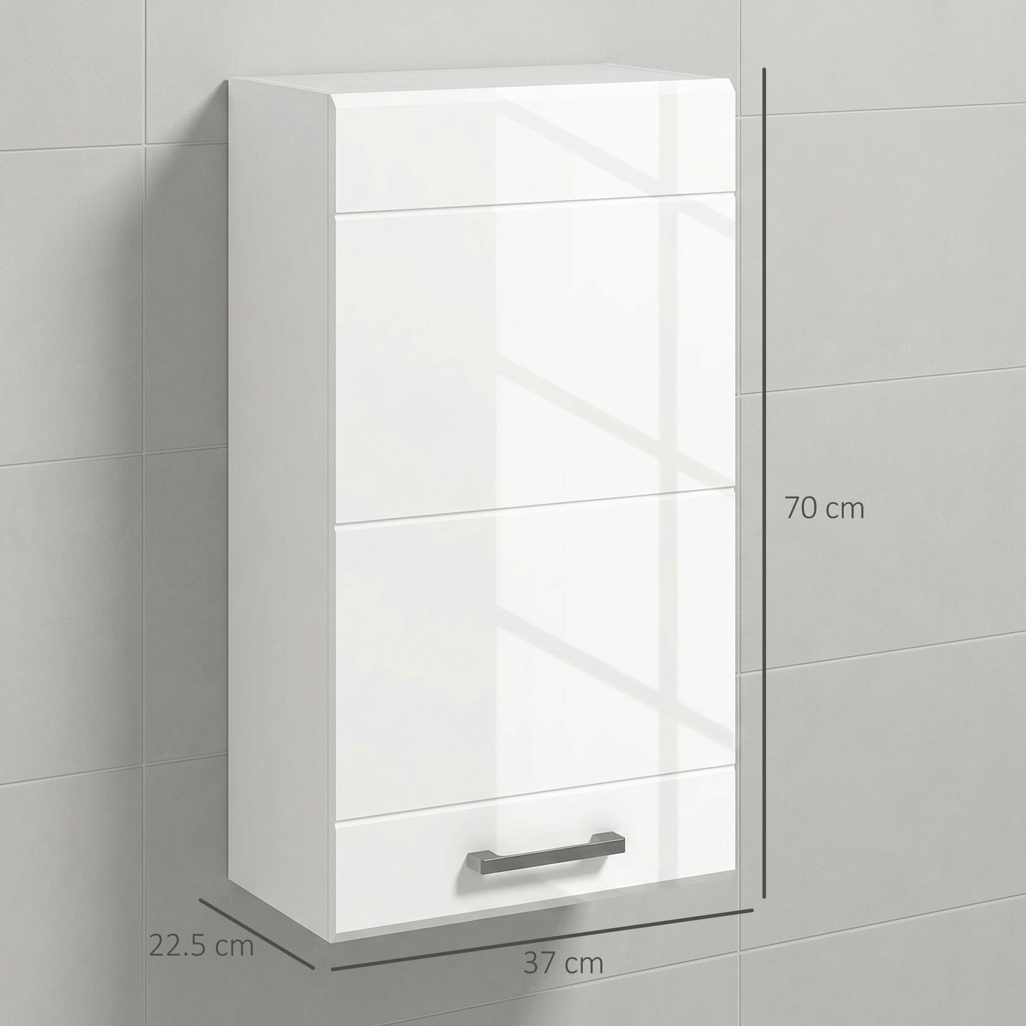 kleankin Bathroom Wall Cabinet, High Gloss Wall Mount Bathroom Storage Cabinet with Soft-Close Door, 3 Shelves, Adjustable Shelf for Hallway, Living Room, Over Toilet, 37x22.5x70 cm, White