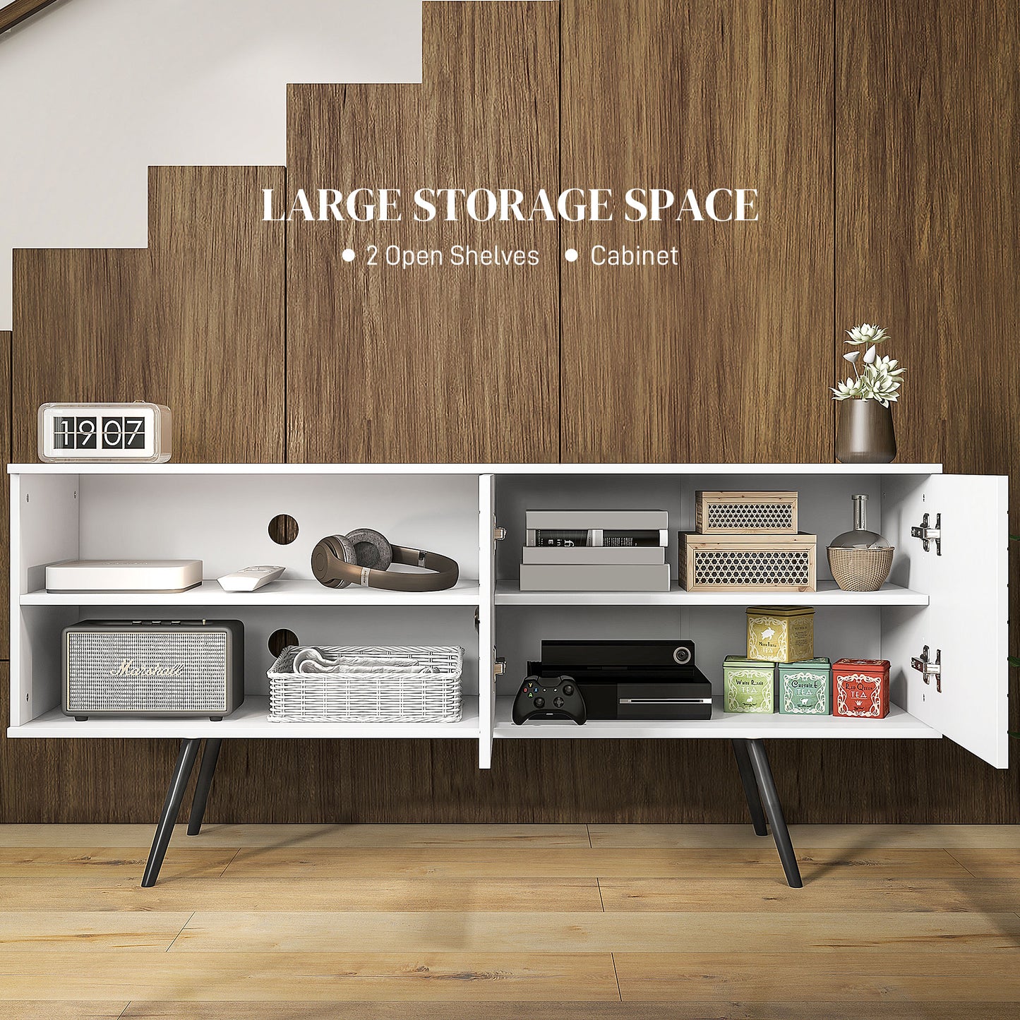 TV Unit for 65" TVs with 2 Open Shelves, Door and 2 Cable Holes, White
