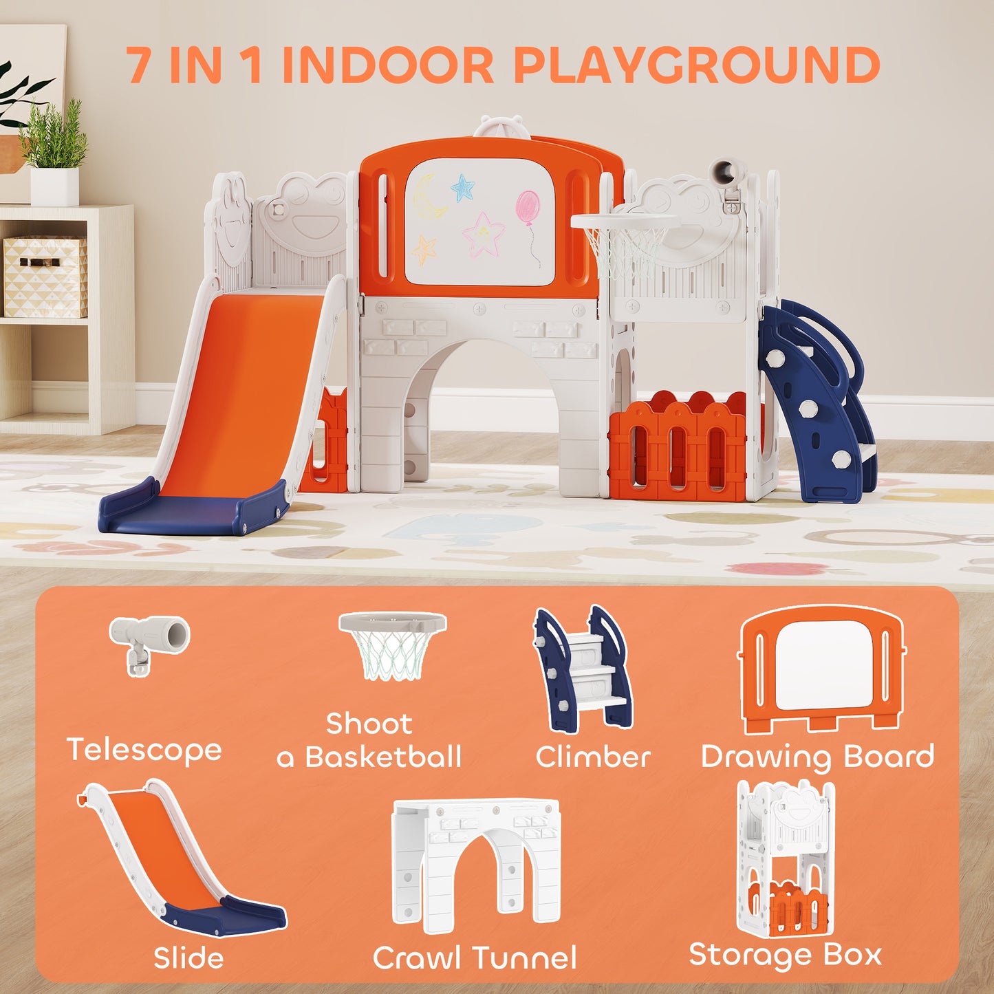 7 in 1 Toddler Slide Set, Frog Theme Playset with Basketball Hoop