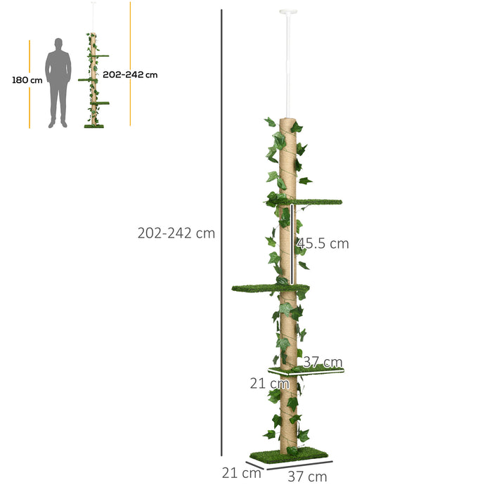 242cm Floor to Ceiling Cat Tree, Height Adjustable Kitten Tower with Anti-slip Kit, Highly Simulated Multi-Layer Activity Center Green