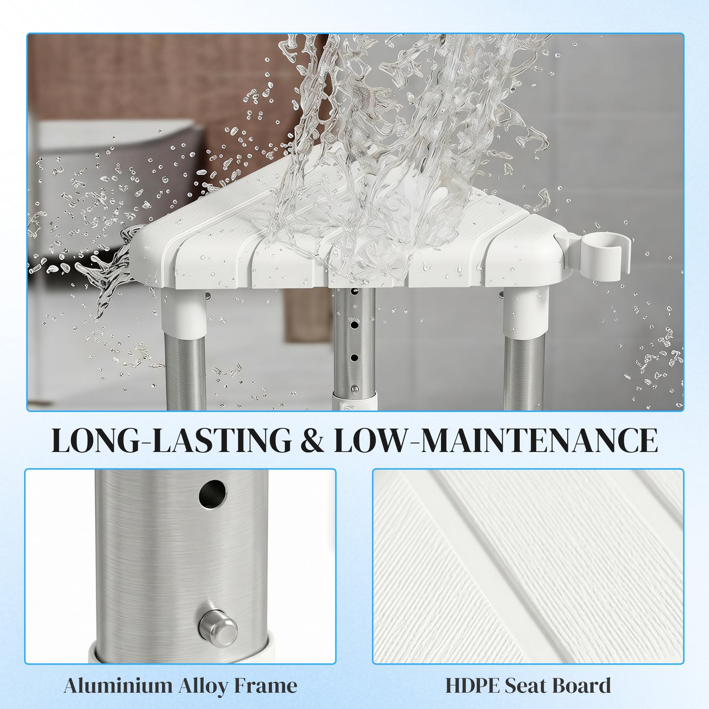 Shower Stool with Storage Shelf and HDPE Seat, White
