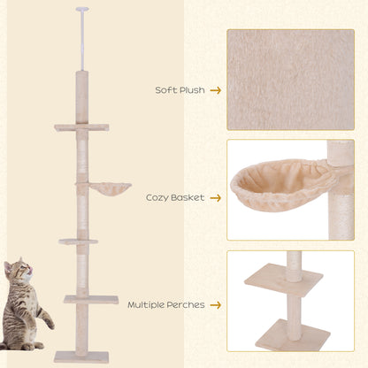 Floor to Ceiling Cat Tree for Indoor Cats 5-Tier Kitty Tower Climbing Activity Center Scratching Post Adjustable Height 230-260 cm Beige