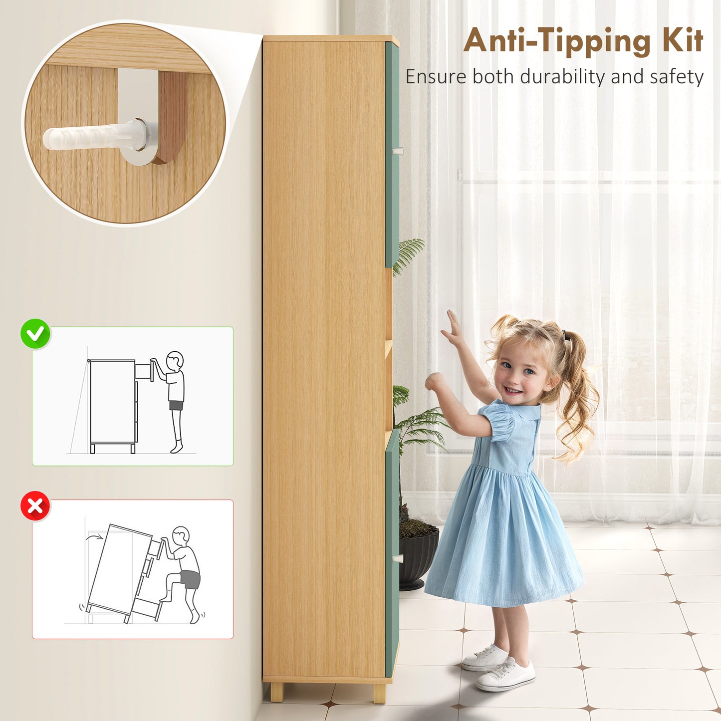 Tall Bathroom Cabinet with Adjustable Shelves and Open Shelves, Green