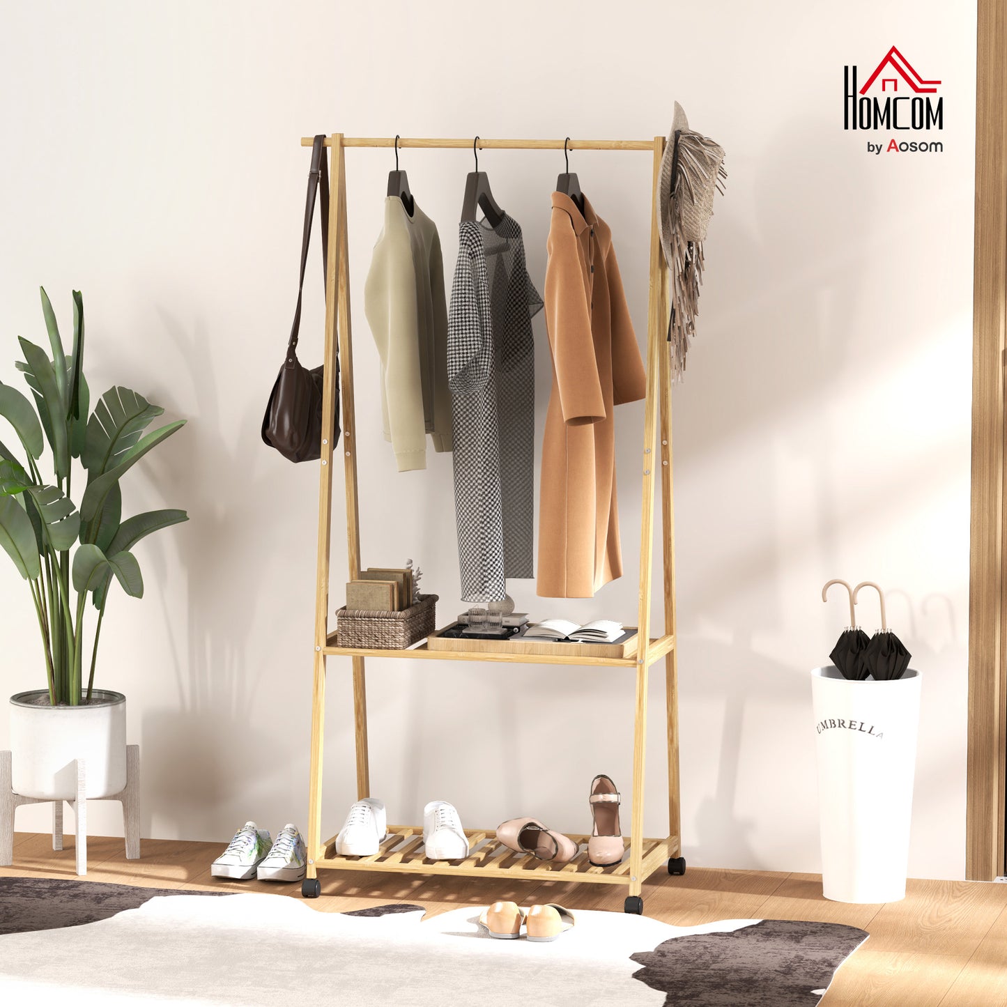 Bamboo Clothes Rail Rack with 2 Storage Shelves, Natural Wood Effect