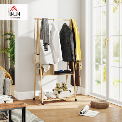Bamboo Clothes Rail Rack with 2 Storage Shelves, Natural Wood Effect