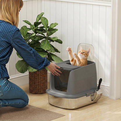 Stainless Steel Litter Box with Lid, Large Hooded Cat Litter Tray with Flip Cover, Metal Scoop, Deodoriser Bag, Non-Sticky, Odour Control and Easy Clean, Dark Grey