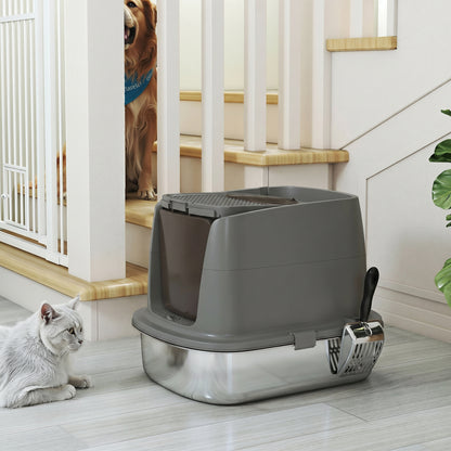 Stainless Steel Litter Box with Lid, Large Hooded Cat Litter Tray with Flip Cover, Metal Scoop, Deodoriser Bag, Non-Sticky, Odour Control and Easy Clean, Dark Grey