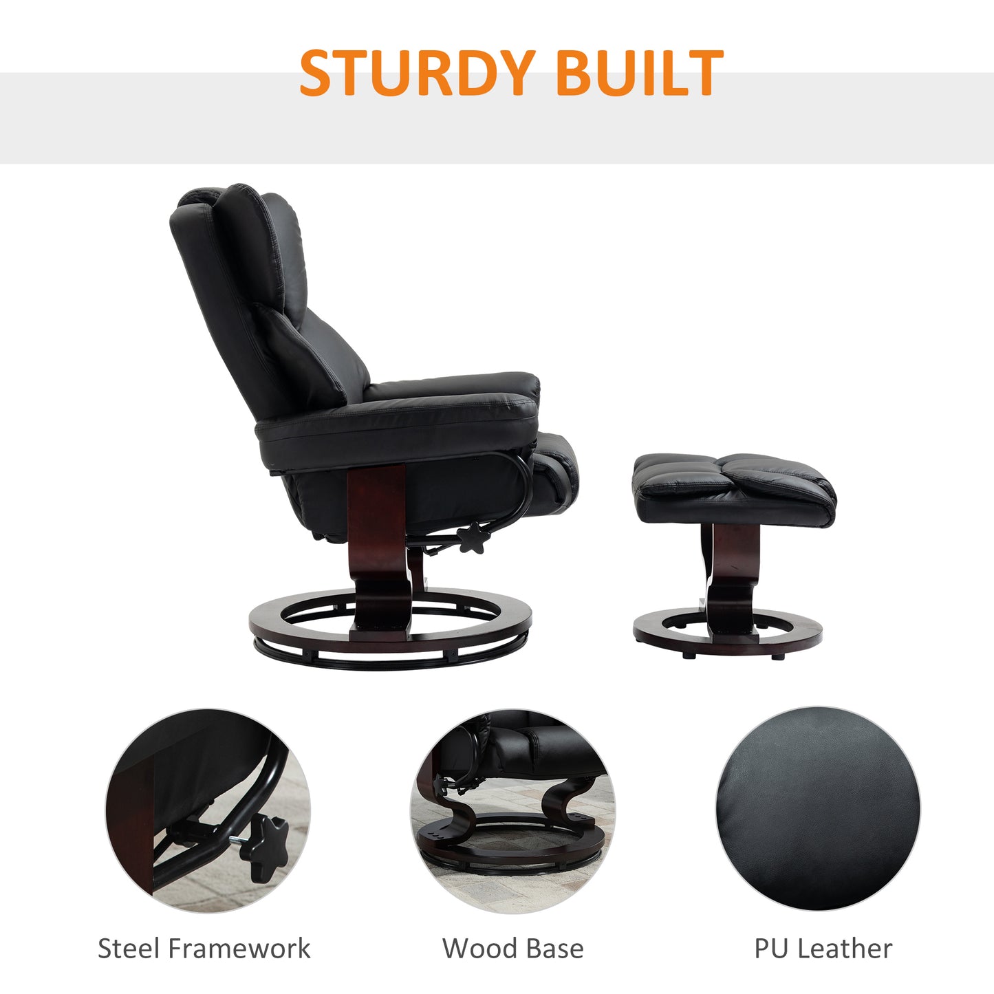 PU Leather Manual Reclining Armchair Footstool Padded Seat Black