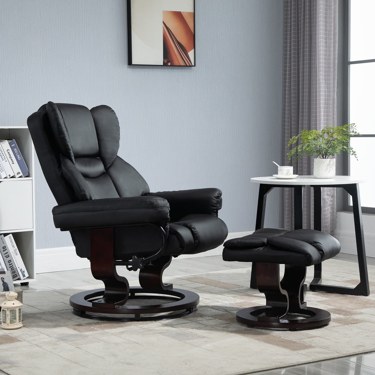 PU Leather Manual Reclining Armchair Footstool Padded Seat Black