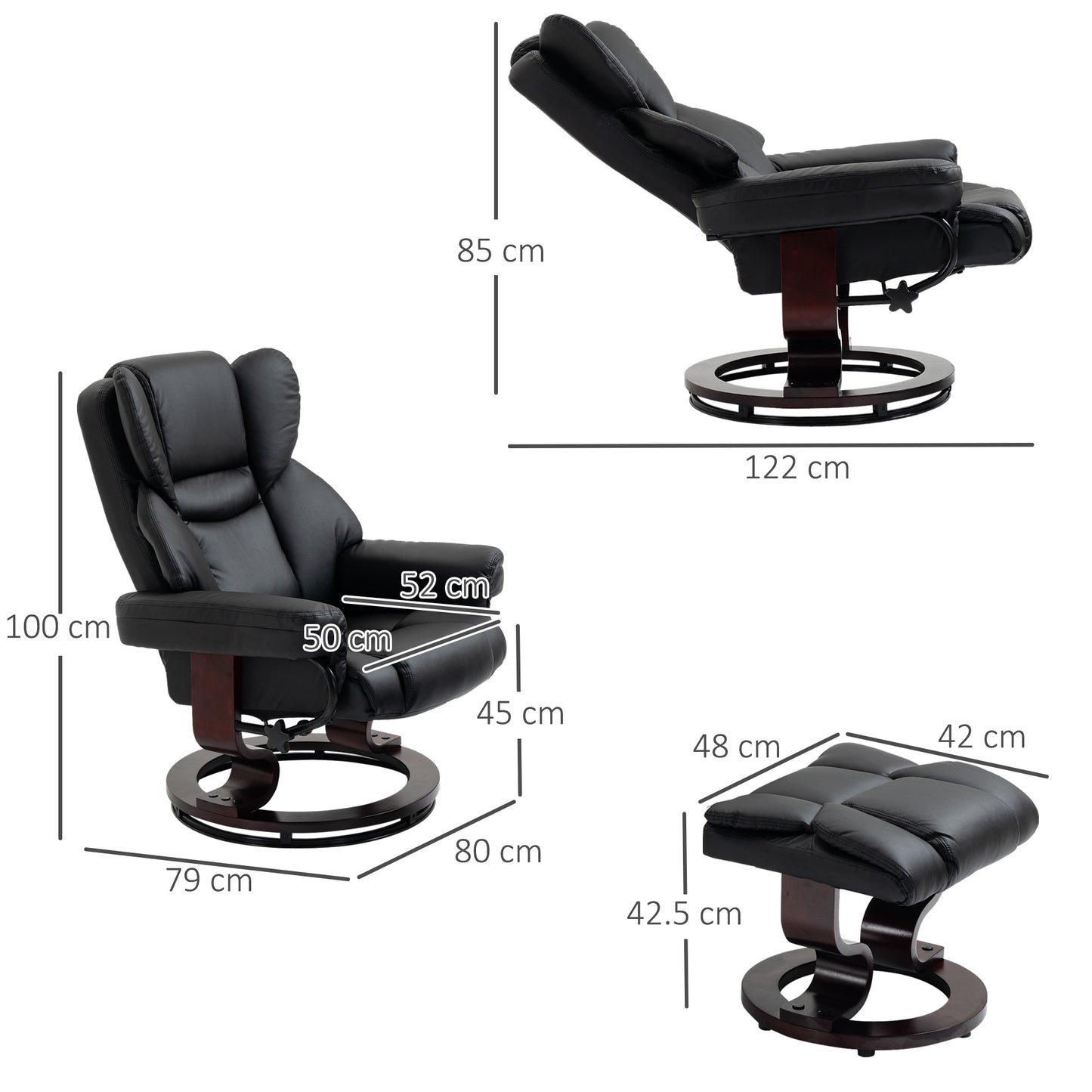 PU Leather Manual Reclining Armchair Footstool Padded Seat Black