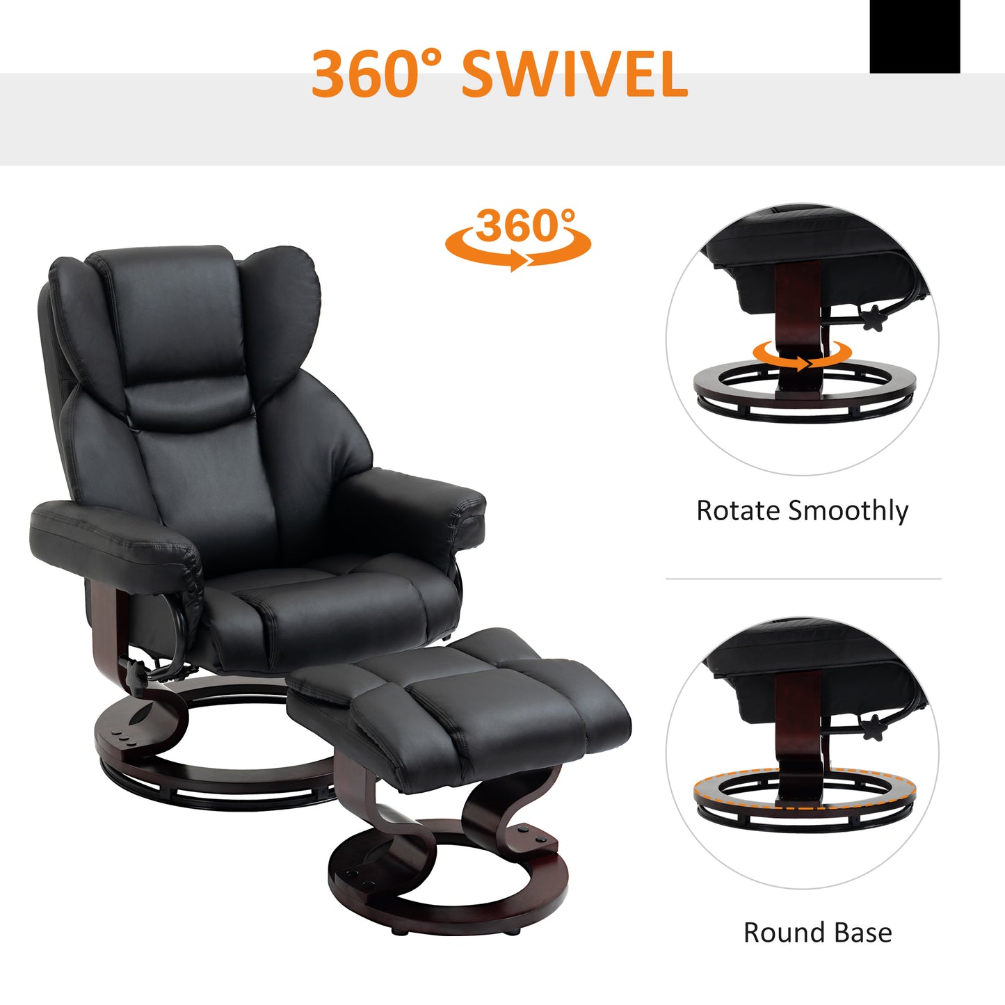 PU Leather Manual Reclining Armchair Footstool Padded Seat Black
