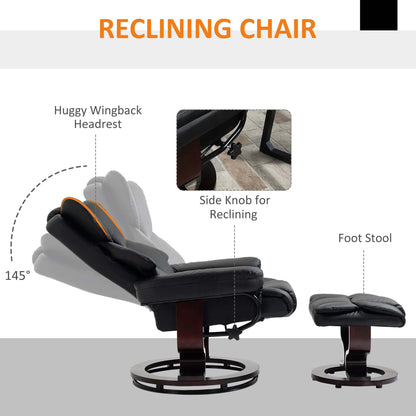 PU Leather Manual Reclining Armchair Footstool Padded Seat Black