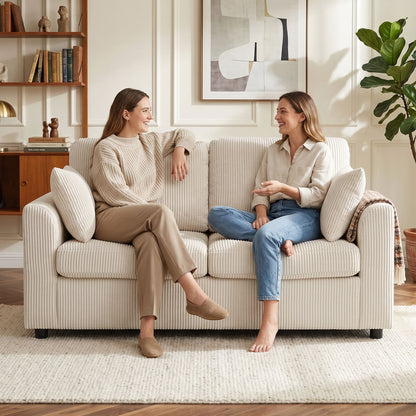 2 Seater Sofa, Corduroy Small Couch with Spring Cushion, Beige