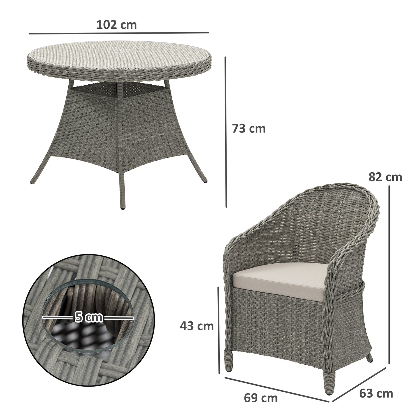 Rattan Dining Set for 4 with Cushions and Umbrella Hole, Grey