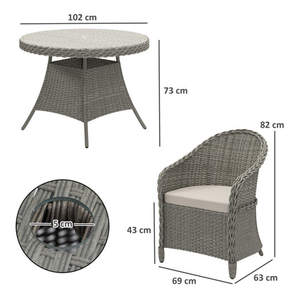 Rattan Dining Set for 4 with Cushions and Umbrella Hole, Grey