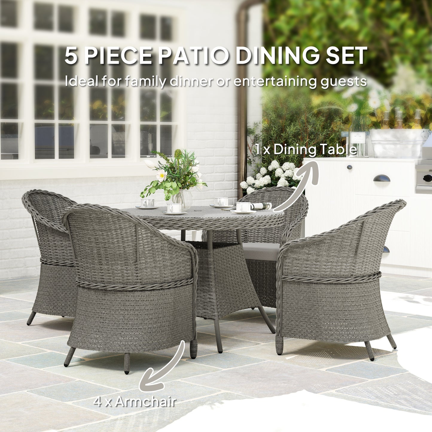 Rattan Dining Set for 4 with Cushions and Umbrella Hole, Grey