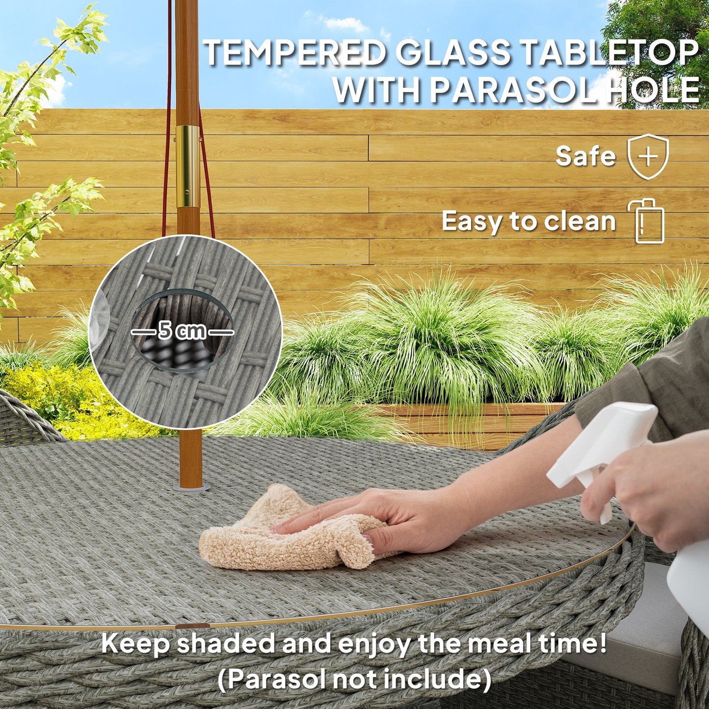 Rattan Dining Set for 4 with Cushions and Umbrella Hole, Grey