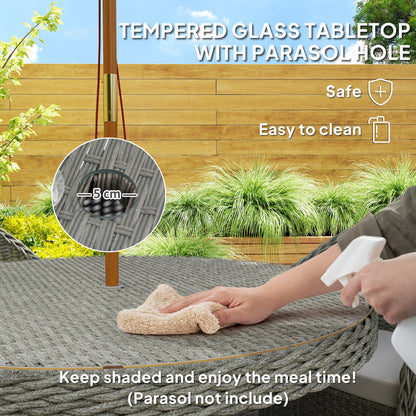 Rattan Dining Set for 4 with Cushions and Umbrella Hole, Grey