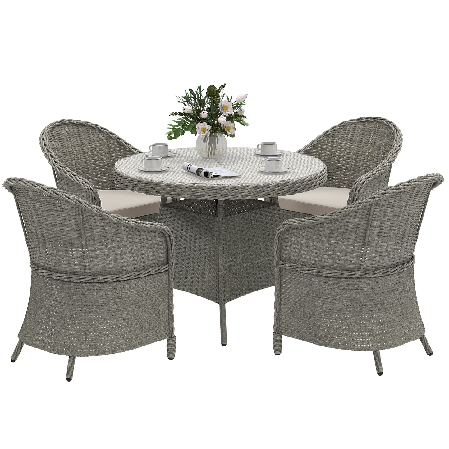 Rattan Dining Set for 4 with Cushions and Umbrella Hole, Grey