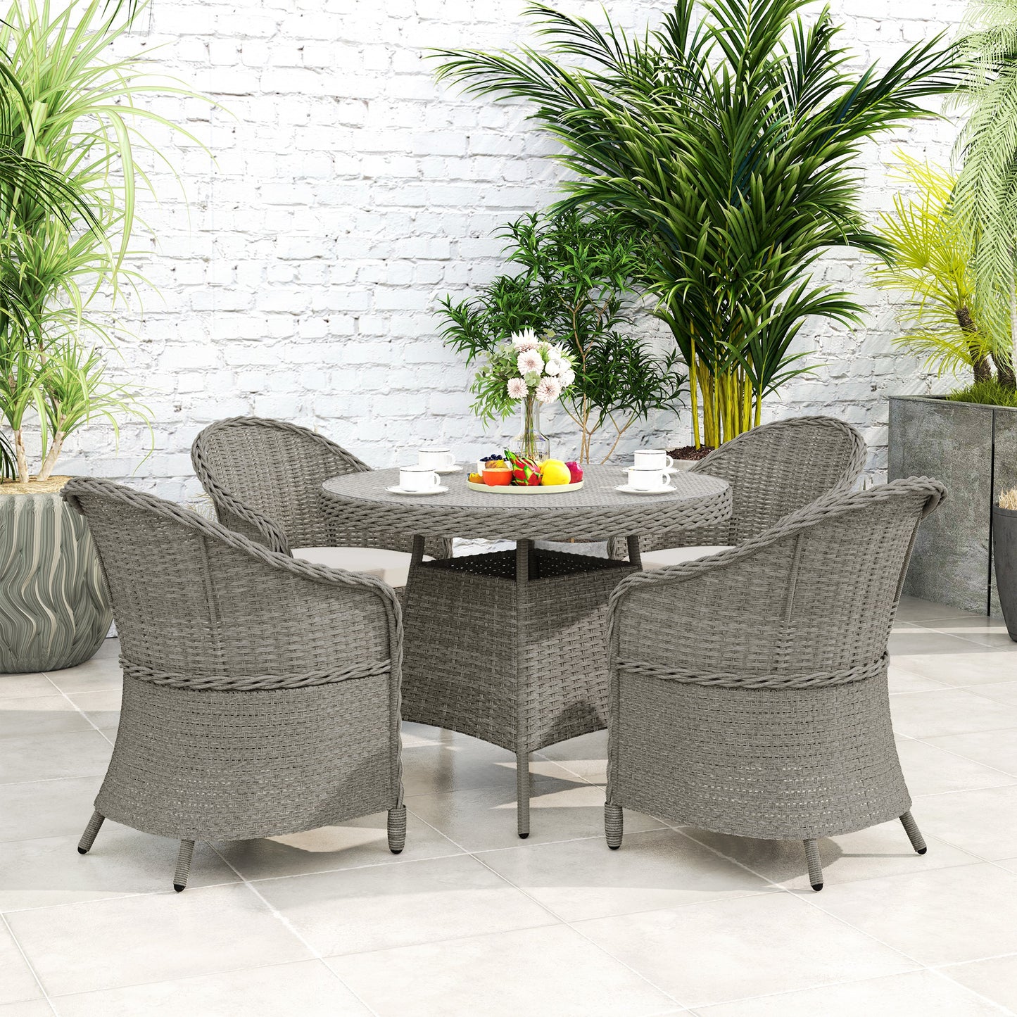 Rattan Dining Set for 4 with Cushions and Umbrella Hole, Grey