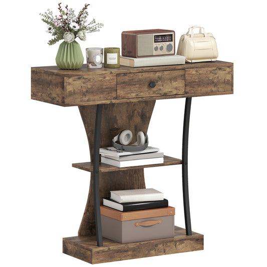 Console Table Hallway Table with Storage Shelves, Rustic Brown