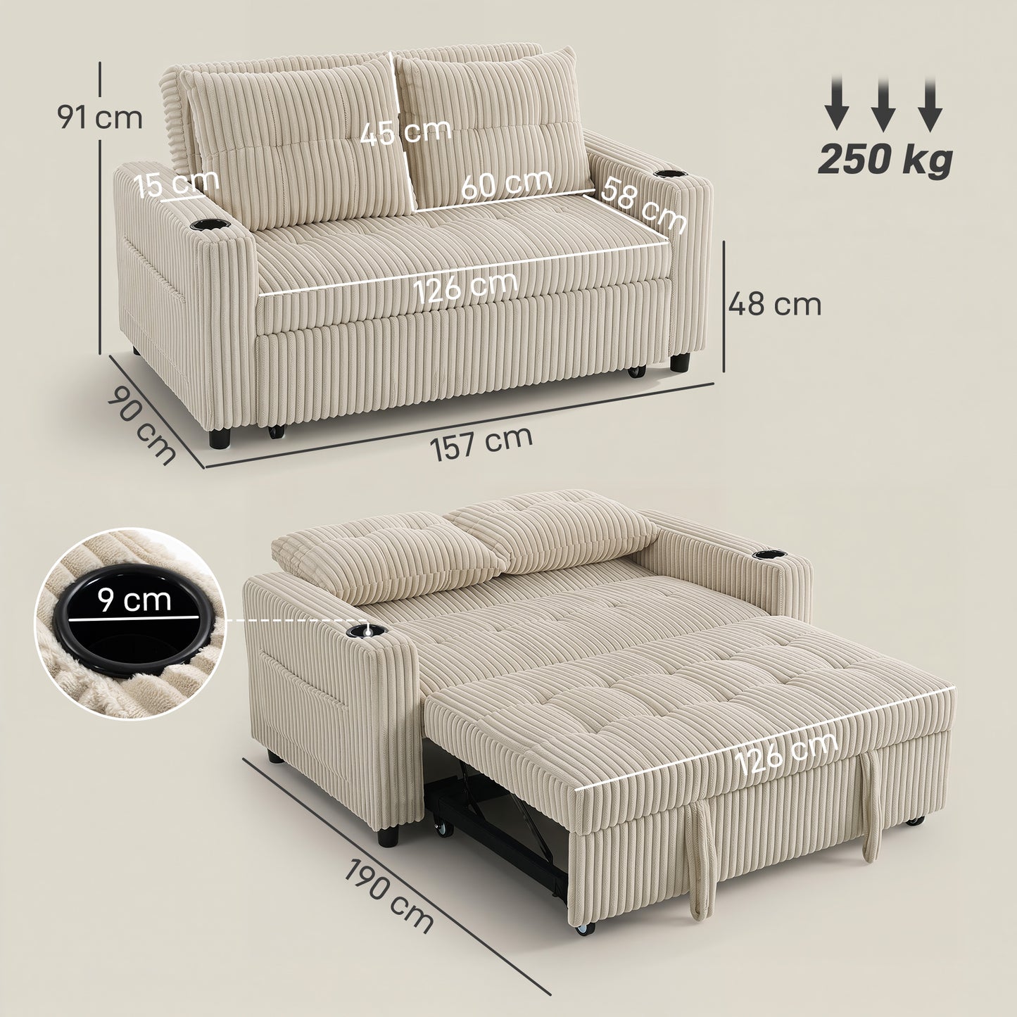 2 Seater Sofa Bed, Corduroy Click Clack Sleeper Sofa with Pull Out Design, 2 Pillows, Cup Holders, Side Pockets, Convertible Loveseat Bed Settee for Living Room, 157x190cm, Cream White