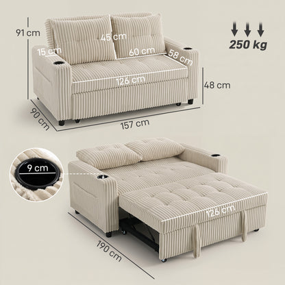 3-in-1 2 Seater Sofa Bed, Convertible Sleeper Sofa with Adjustable Backrest, Corduroy Pull Out Loveseat Bed with 2 Pillows, Side Pockets and Cup Holders for Living Room, Bedroom, Cream White