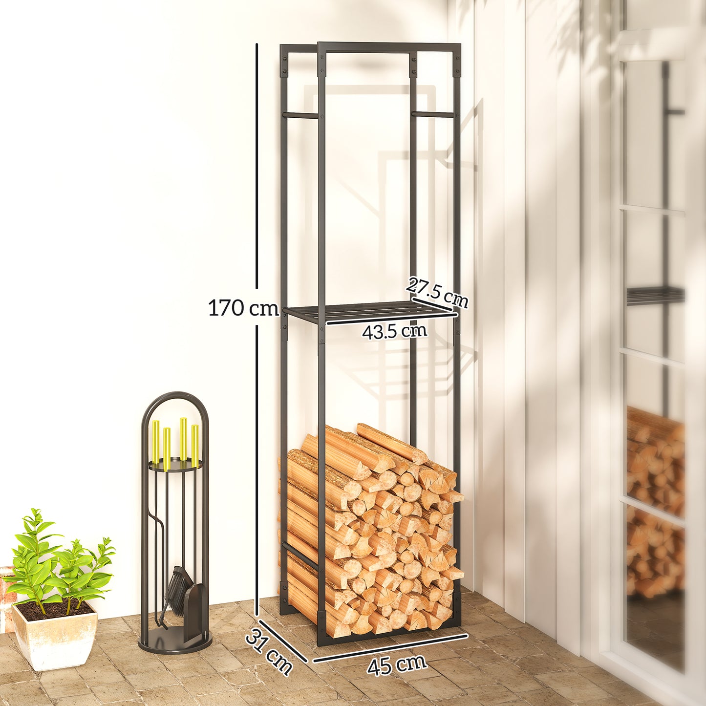 Metal Firewood Log Holder, Heavy Duty Firewood Rack with Adjustable Shelf, Indoor Outdoor Fireplace Wood Storage Shelf, 45 x 31 x 170 cm, Black