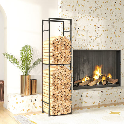 Metal Firewood Log Holder, Heavy Duty Firewood Rack with Adjustable Shelf, Indoor Outdoor Fireplace Wood Storage Shelf, 45 x 31 x 170 cm, Black