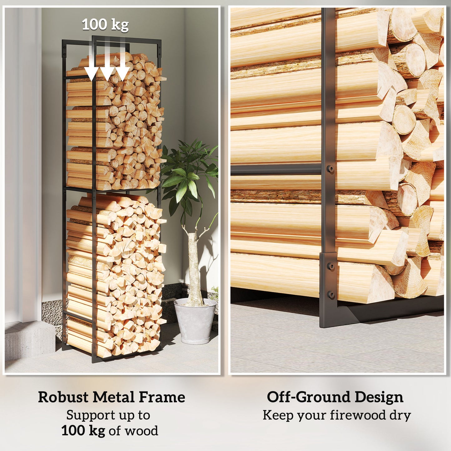 Metal Firewood Log Holder, Heavy Duty Firewood Rack with Adjustable Shelf, Indoor Outdoor Fireplace Wood Storage Shelf, 45 x 31 x 170 cm, Black