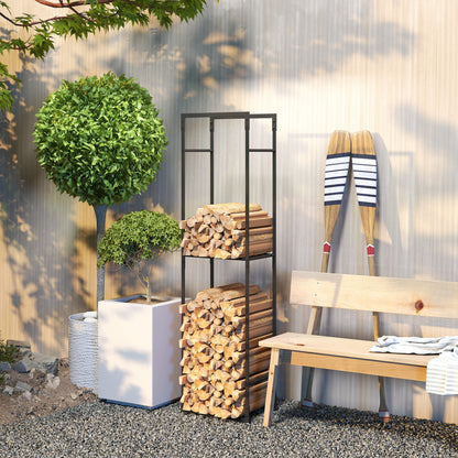 Metal Firewood Log Holder, Heavy Duty Firewood Rack with Adjustable Shelf, Indoor Outdoor Fireplace Wood Storage Shelf, 45 x 31 x 170 cm, Black