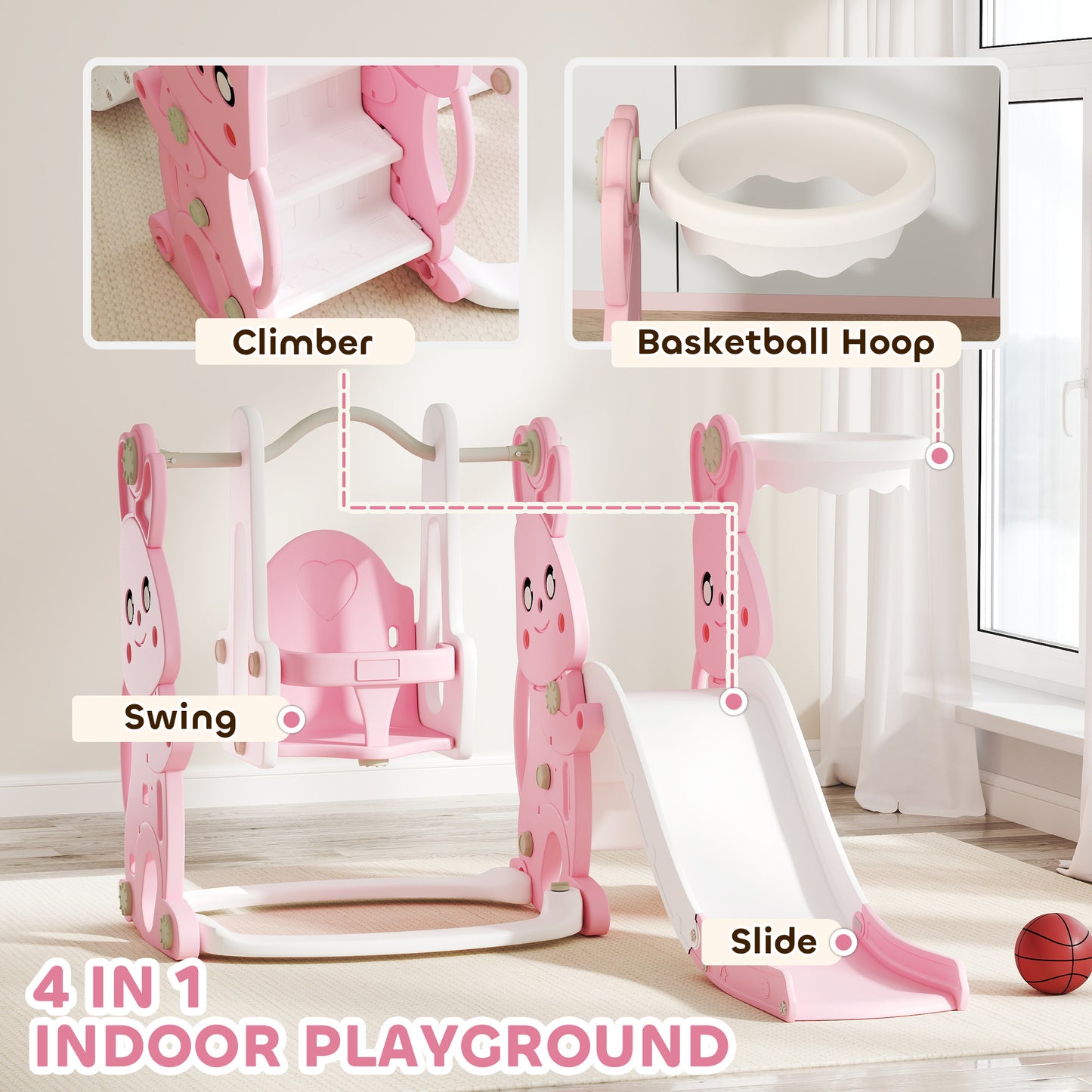 4 in 1 Kids Slide and Swing Set with Climber, Basketball Hoop, Pink