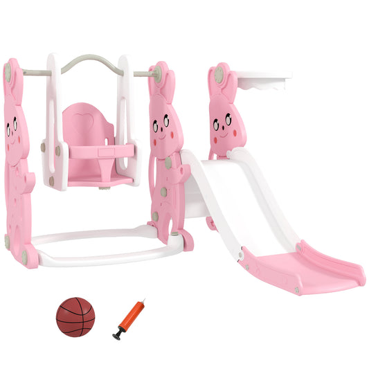 4 in 1 Kids Slide and Swing Set with Climber, Basketball Hoop, Pink