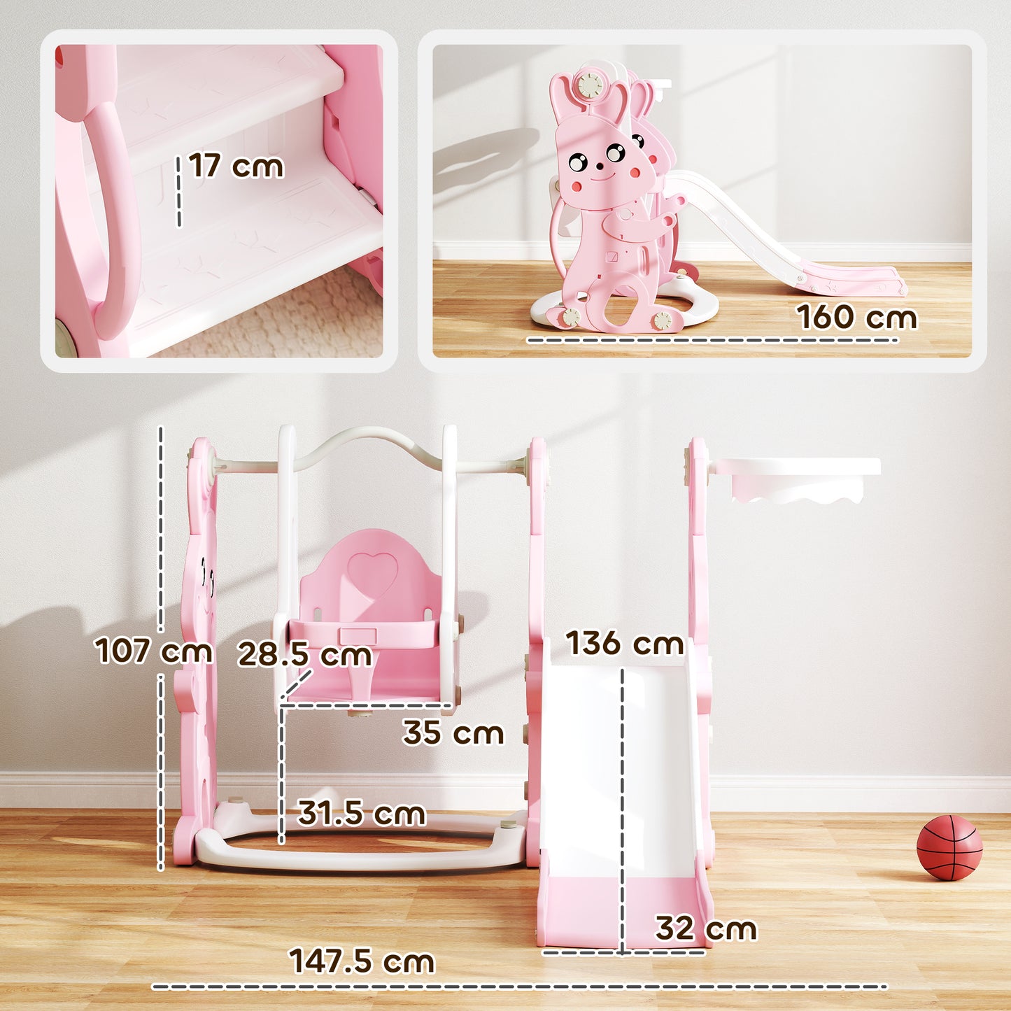 4 in 1 Kids Slide and Swing Set with Climber, Basketball Hoop, Pink