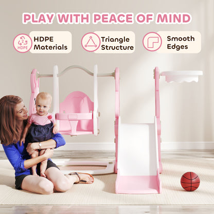 4 in 1 Kids Slide and Swing Set with Climber, Basketball Hoop, Pink