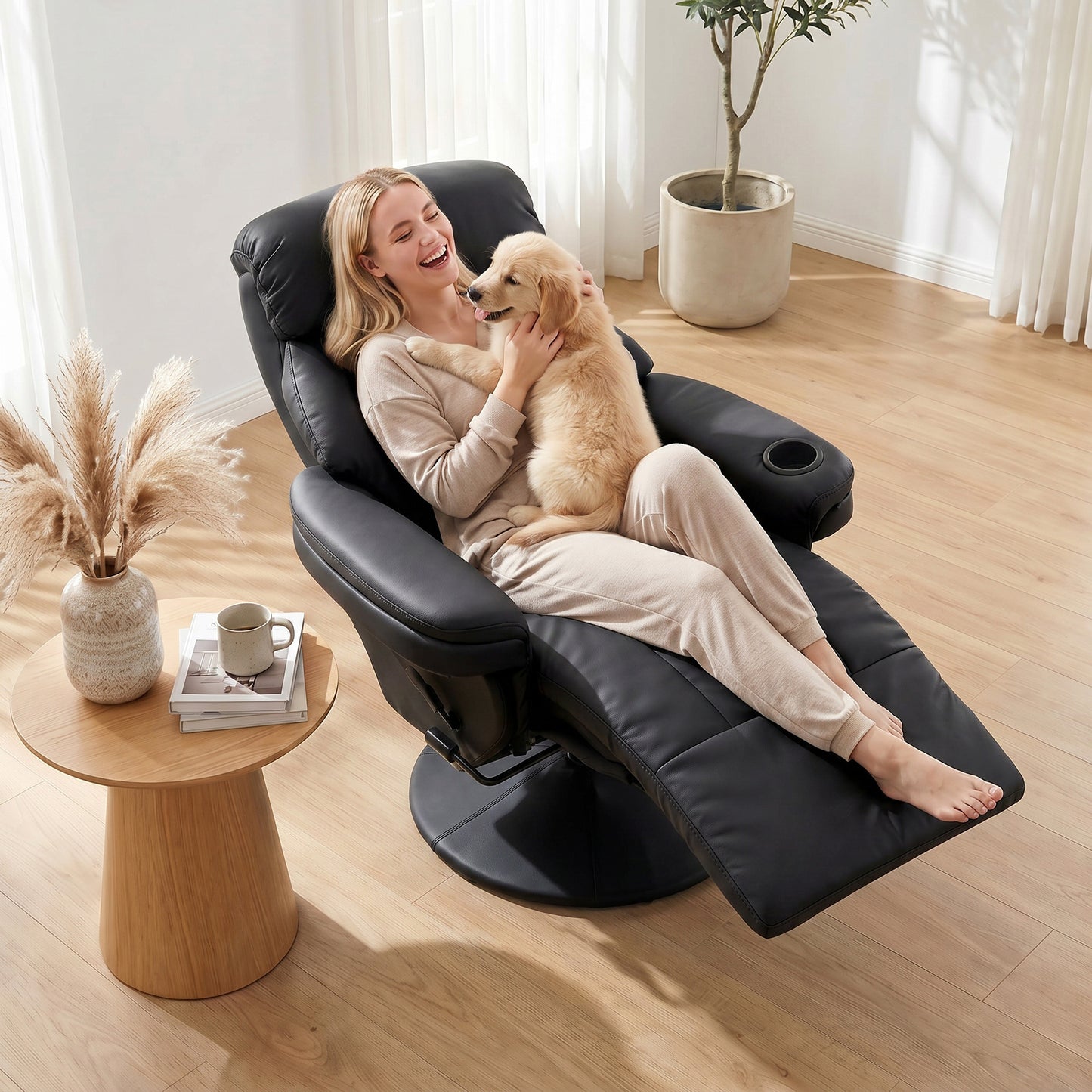 Upholstered Reclining Armchair with Adjustable Backrest, Black