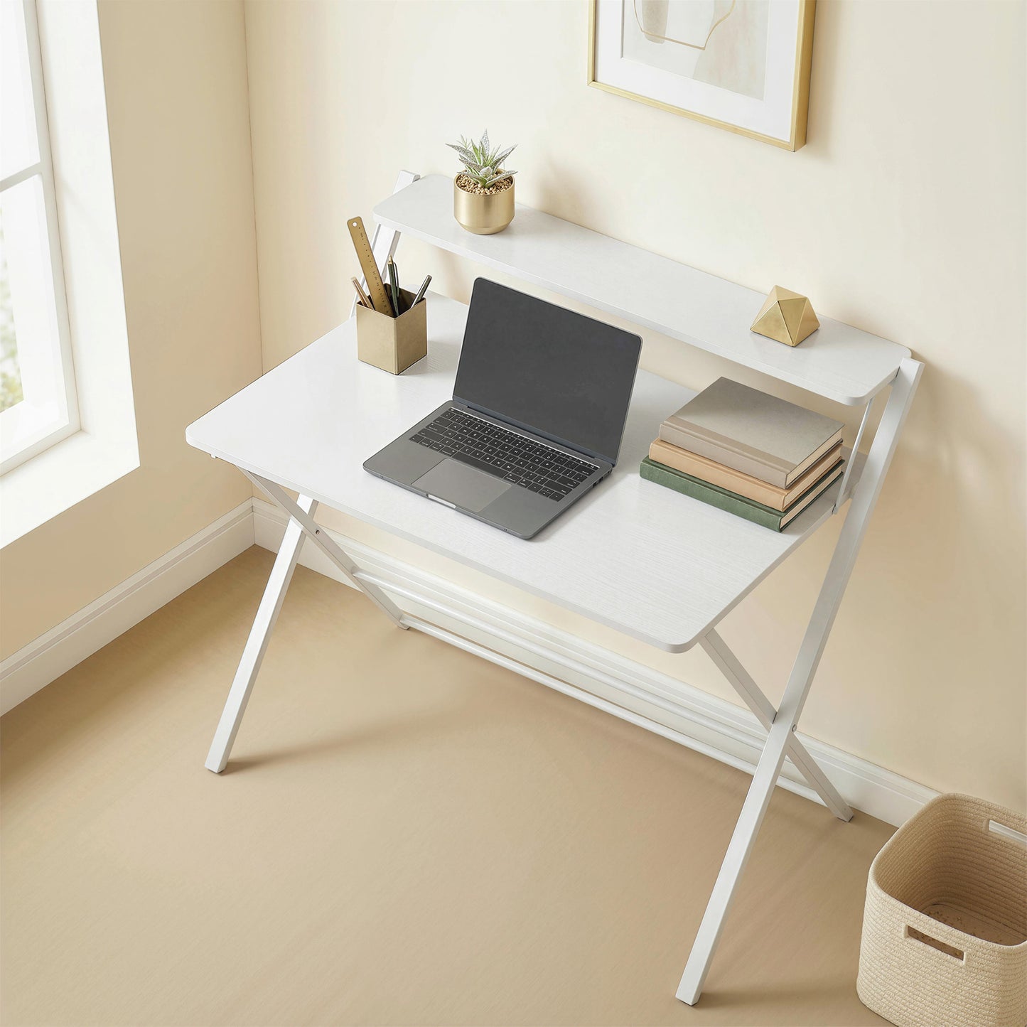 Folding Desk with 2-Tier Shelf for Home Office, White