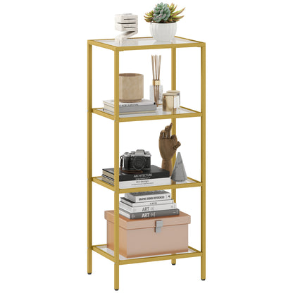 4-Tier Shelving Unit Modern Glass Shelf Bookshelf for Home Gold Tone
