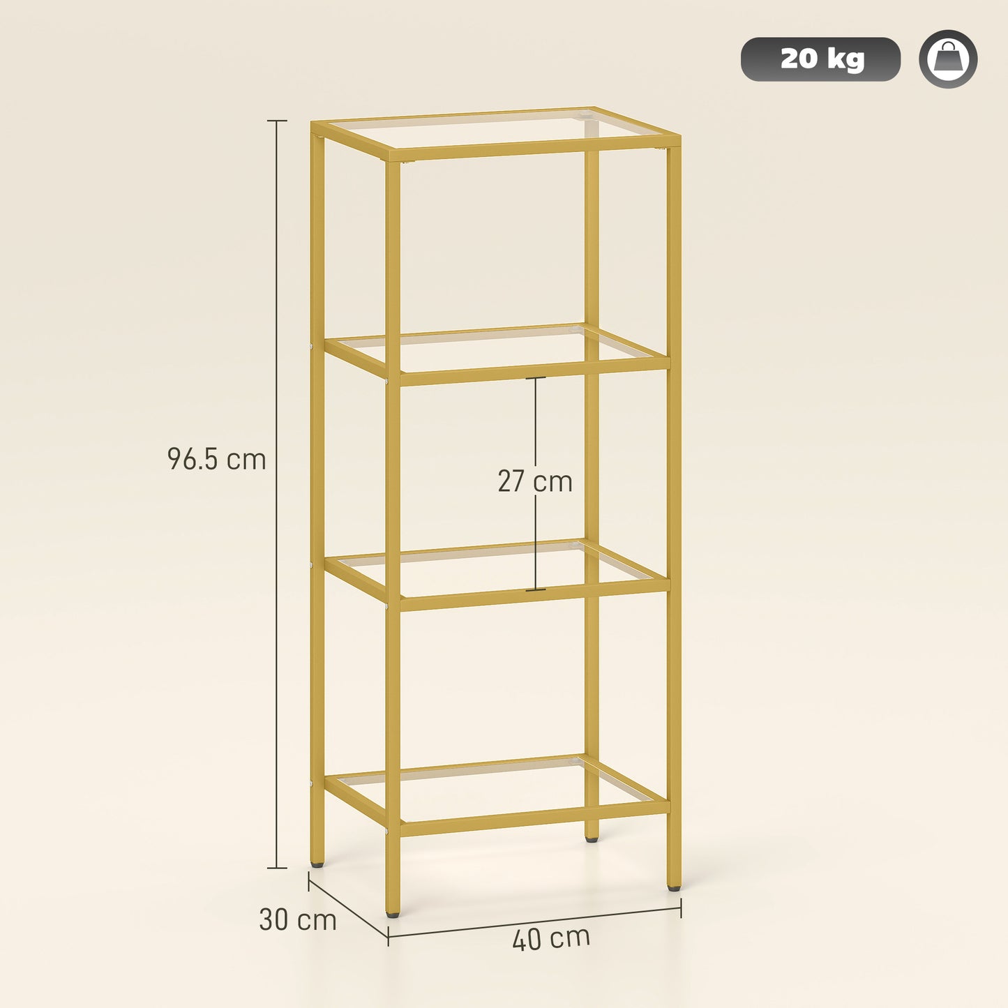 4-Tier Shelving Unit Modern Glass Shelf Bookshelf for Home Gold Tone