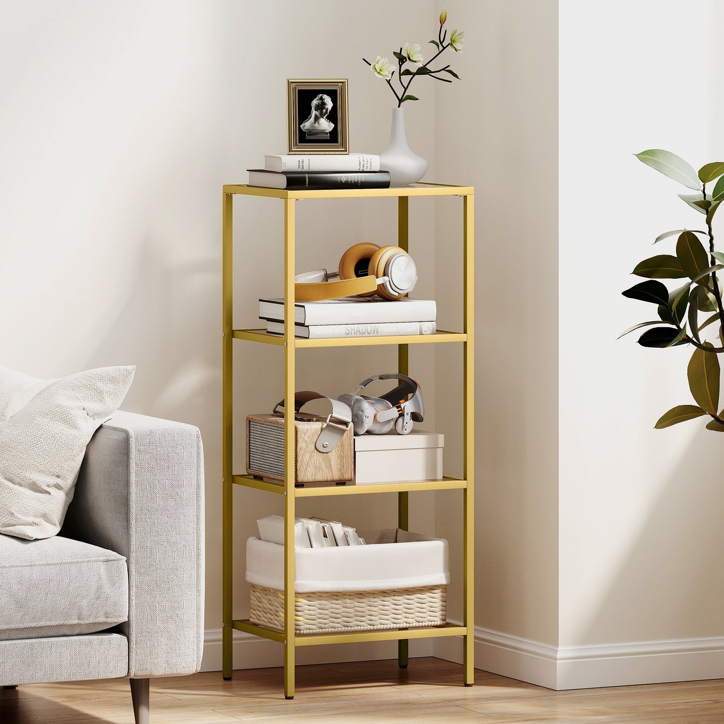 4-Tier Shelving Unit Modern Glass Shelf Bookshelf for Home Gold Tone